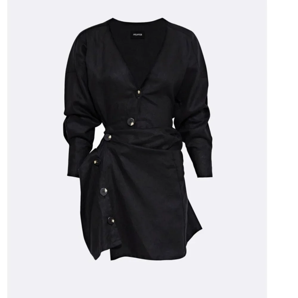 Pfeiffer LOVERS LINEN ASYMMETRICAL TWIST DRESS  BLACK Size Large NWT